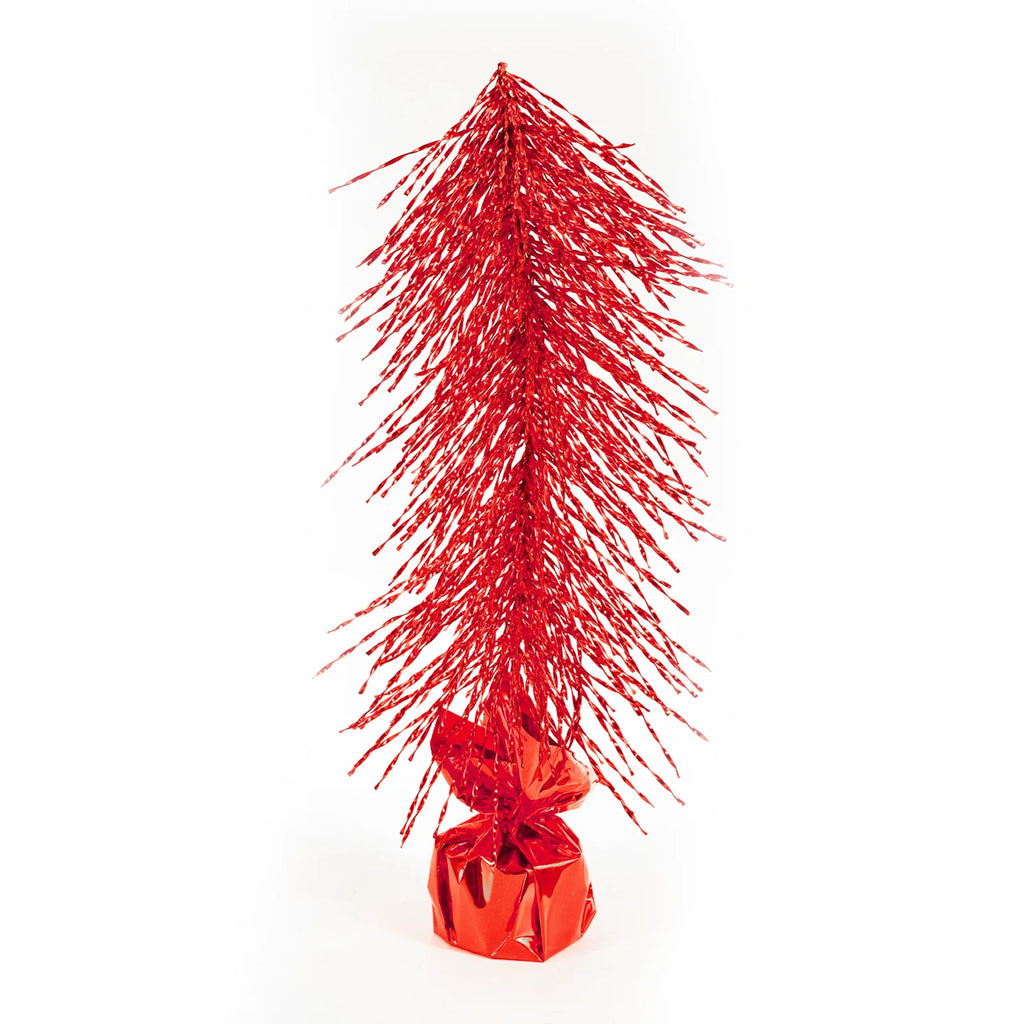 The pointed top and red wrapped base of the tabletop tree appear on white.