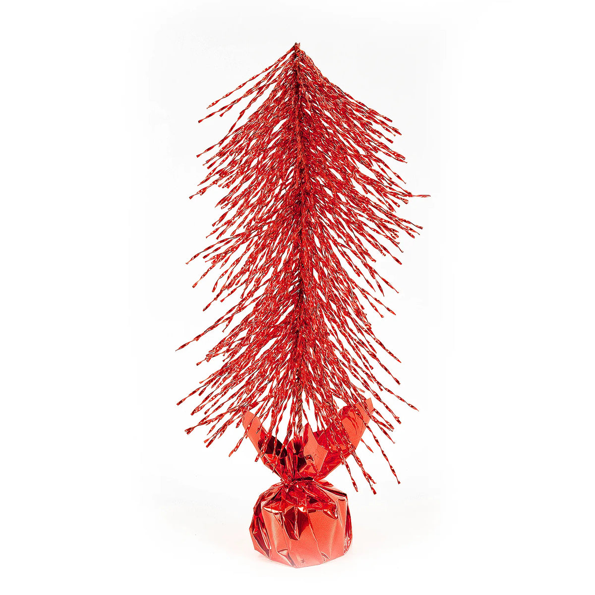 Red branches taper to a point above the shiny wrapped tabletop tree base.