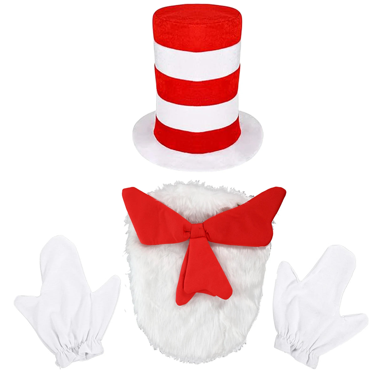 The red and white striped hat, white chest accessory with attached red bow, and pair of white gloves are shown separately.