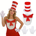 A woman wears a red and white striped hat beside the matching chest accessory and pair of white gloves.