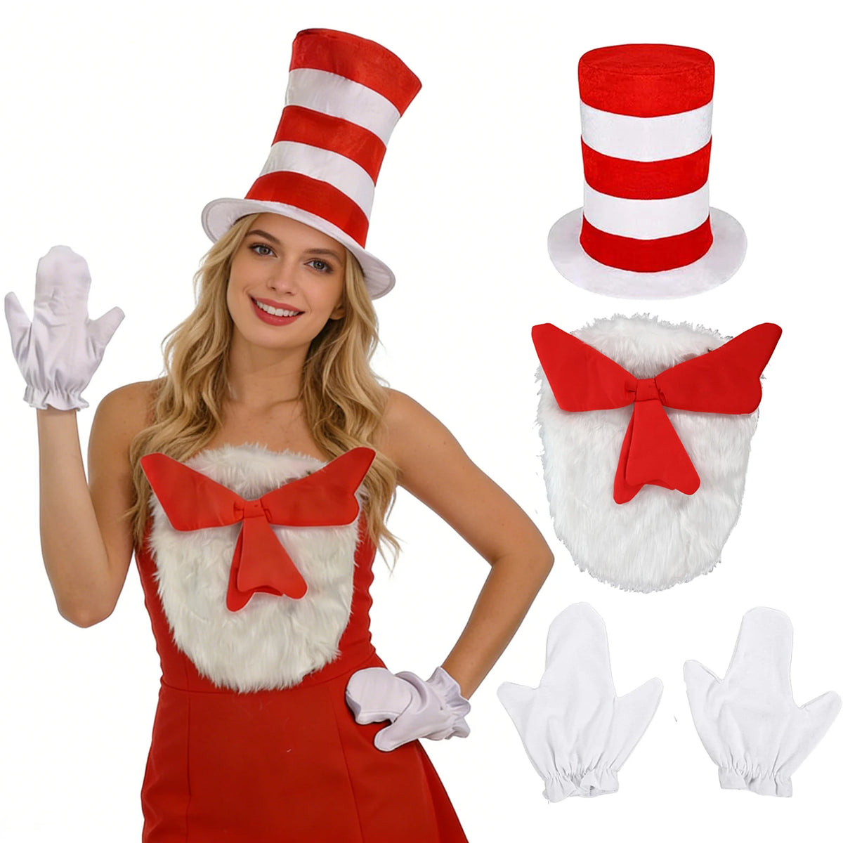 A woman wears a red and white striped hat beside the matching chest accessory and pair of white gloves.
