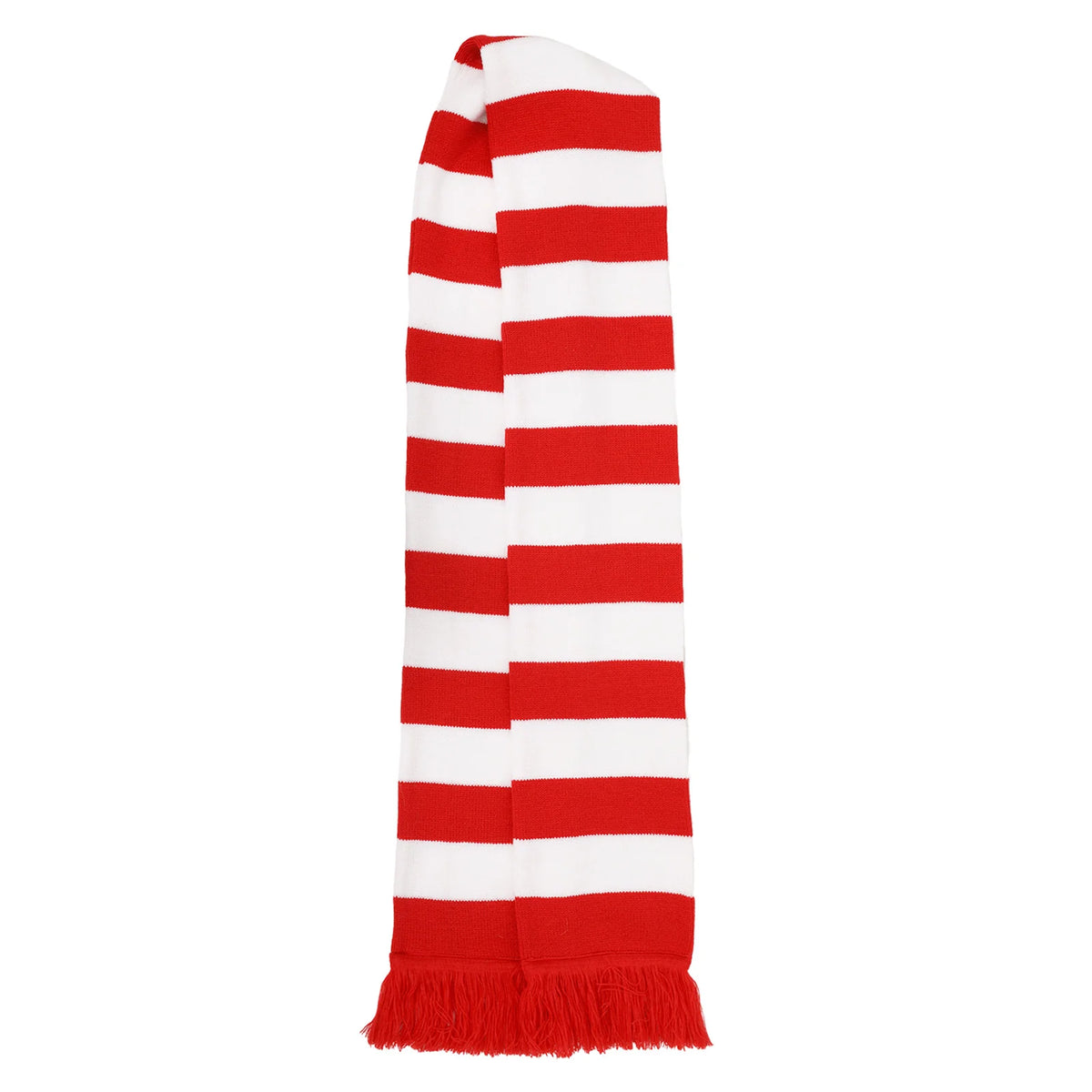 Folded red and white striped scarf on a white background.