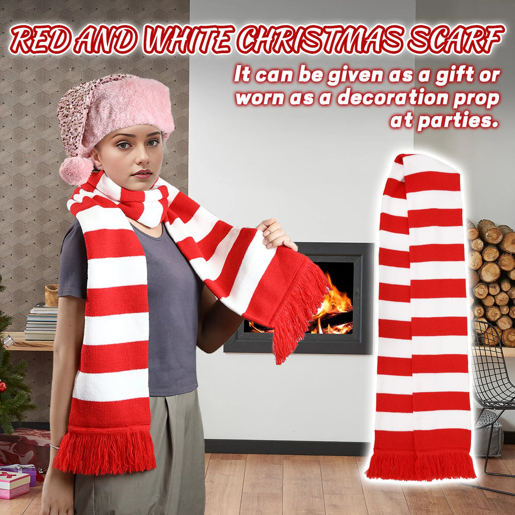 Model wearing a long red and white scarf in a holiday scene.
