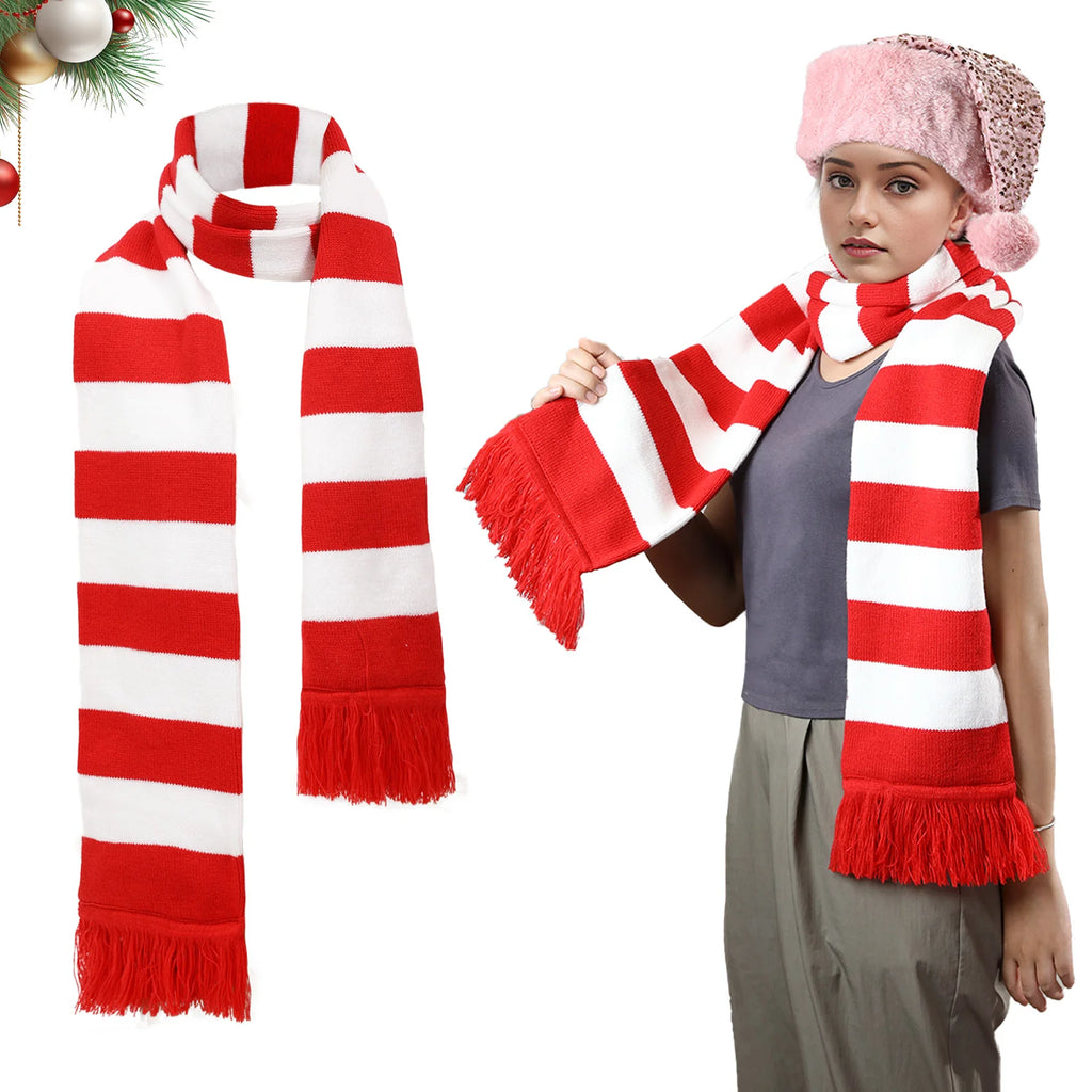 Model wearing a red and white striped scarf with a pink hat.