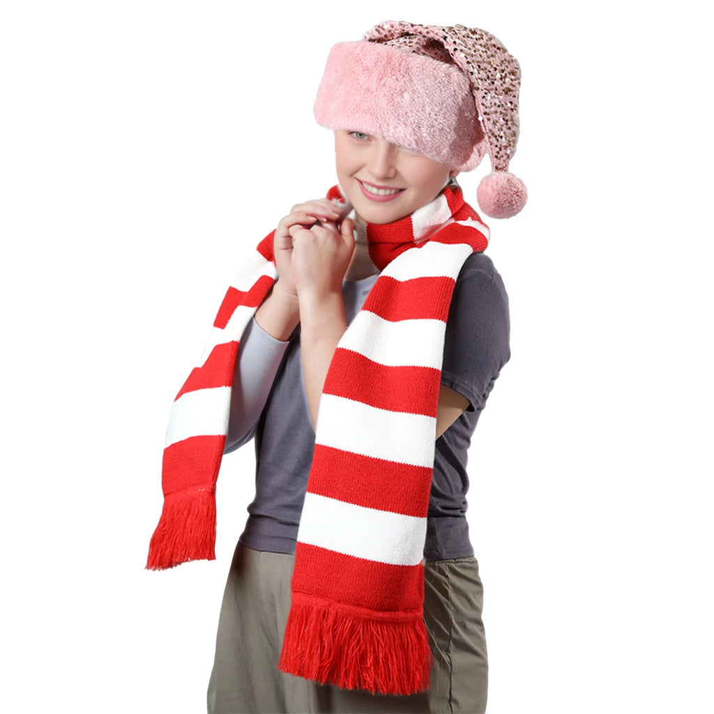 Model poses in a red and white striped scarf on white.
