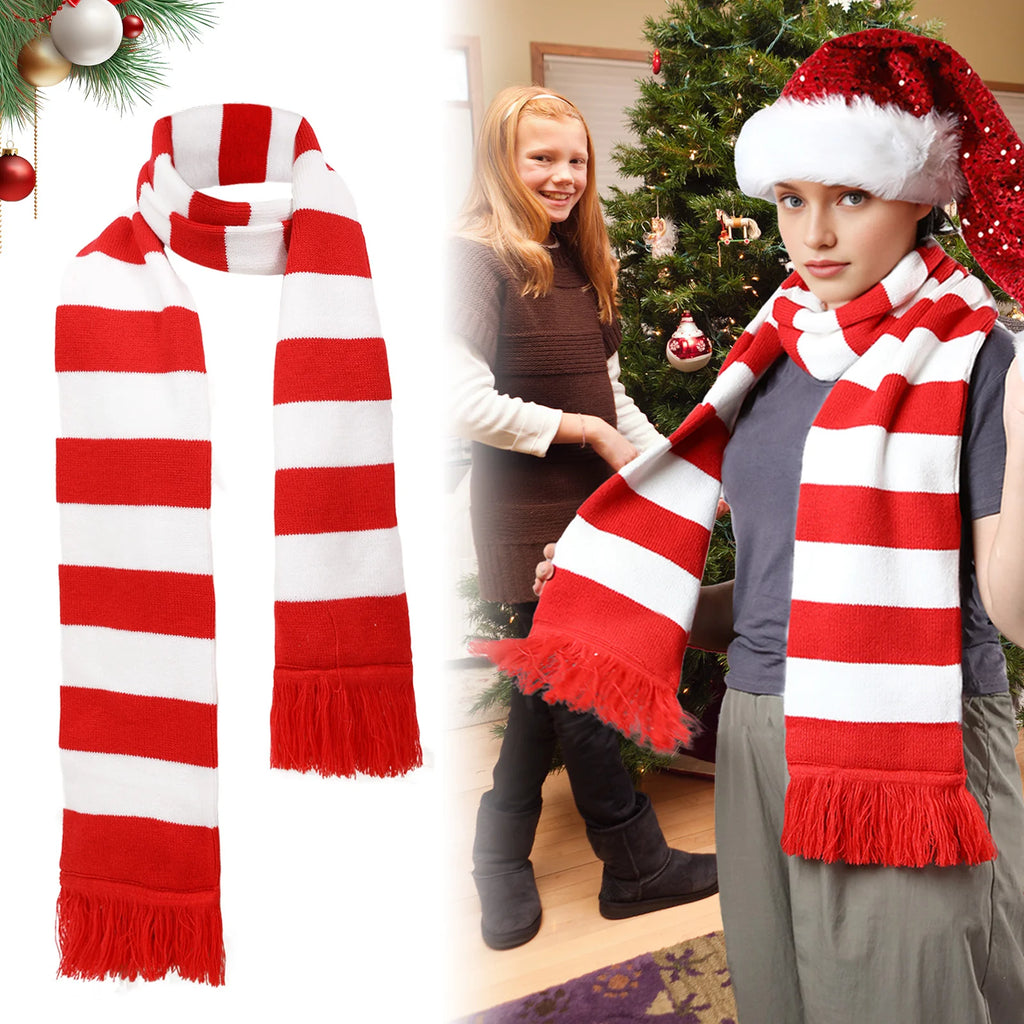 Model wearing a red and white striped scarf with a red hat.