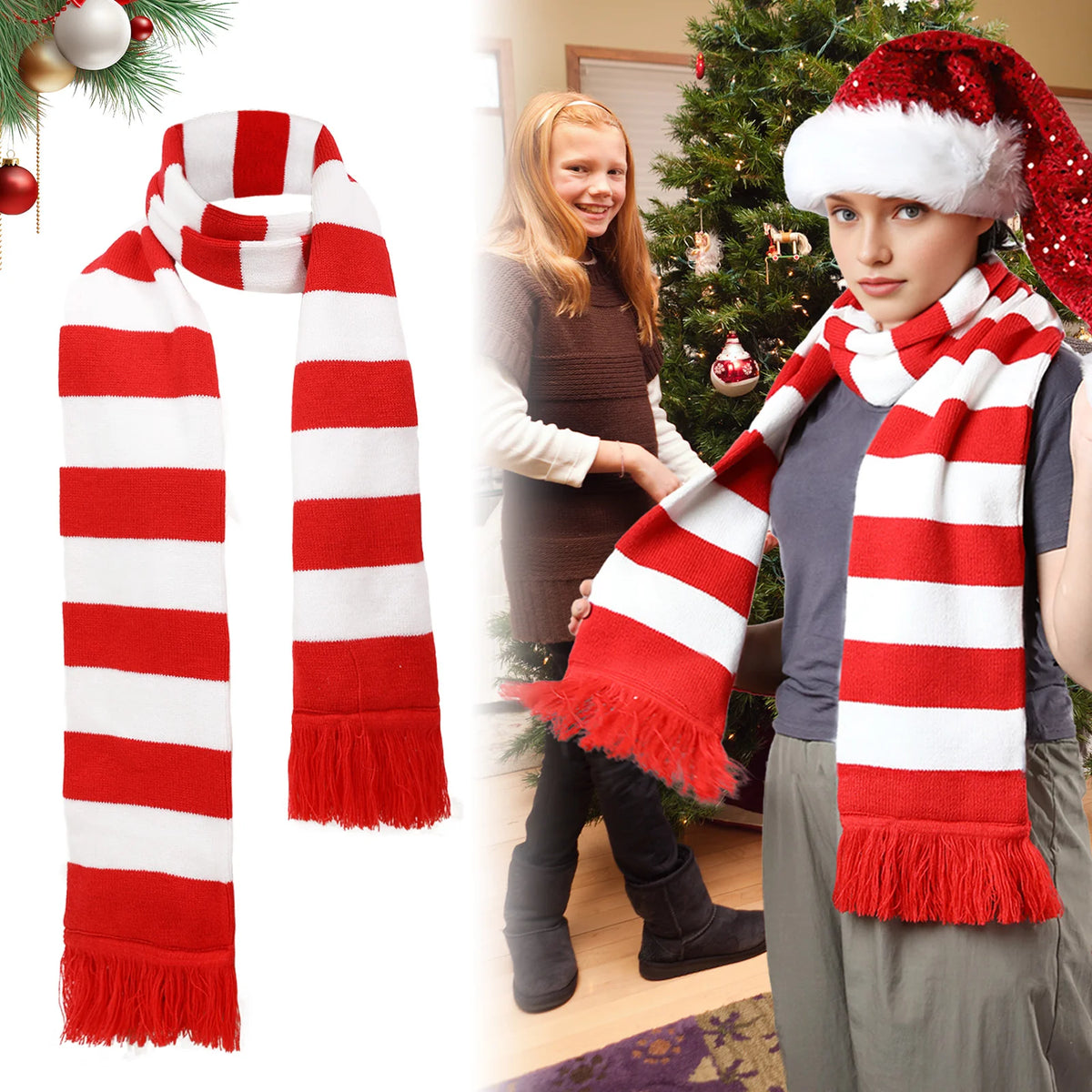 Model wearing a red and white striped scarf with a red hat.