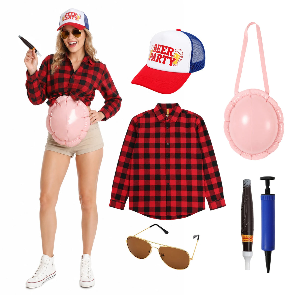 Woman wears a red plaid shirt and inflatable belly beside the six costume items.