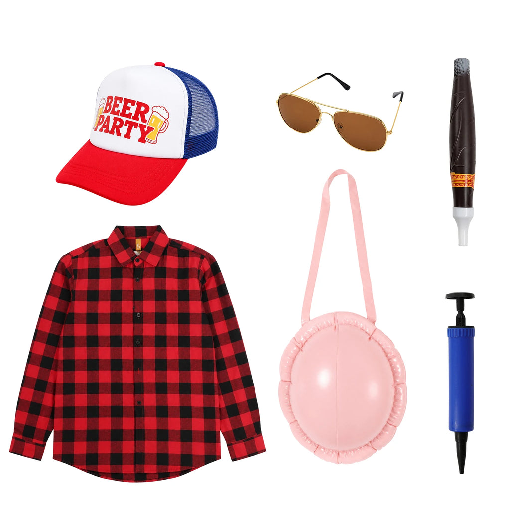 Flat lay shows a plaid shirt, cap, glasses, inflatable belly, prop cigar and hand pump.