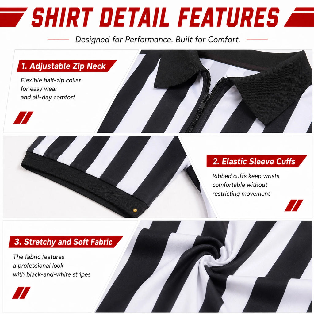 Detail panels show the half zip neckline black ribbed sleeve cuffs and striped shirt fabric.
