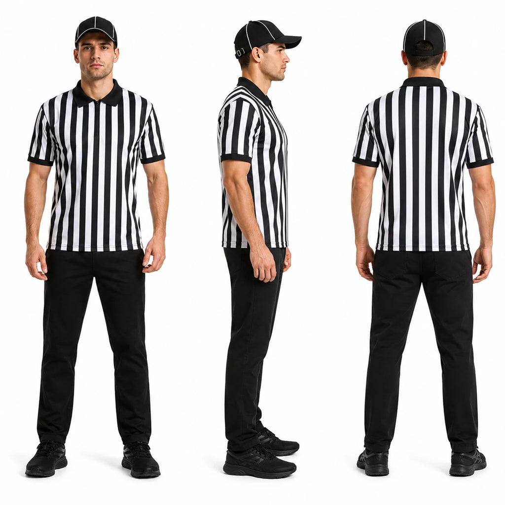 Front side and back views of the short sleeved referee shirt with black collar and cuffs.