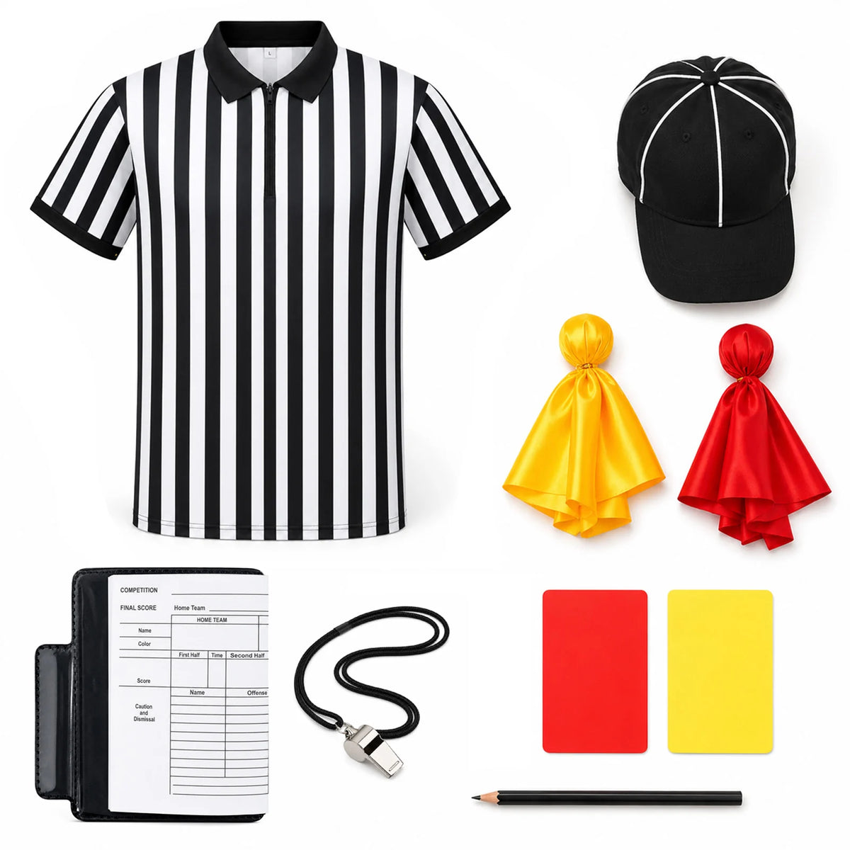 Separate striped referee shirt cap whistle record book pen and red and yellow flags and cards.