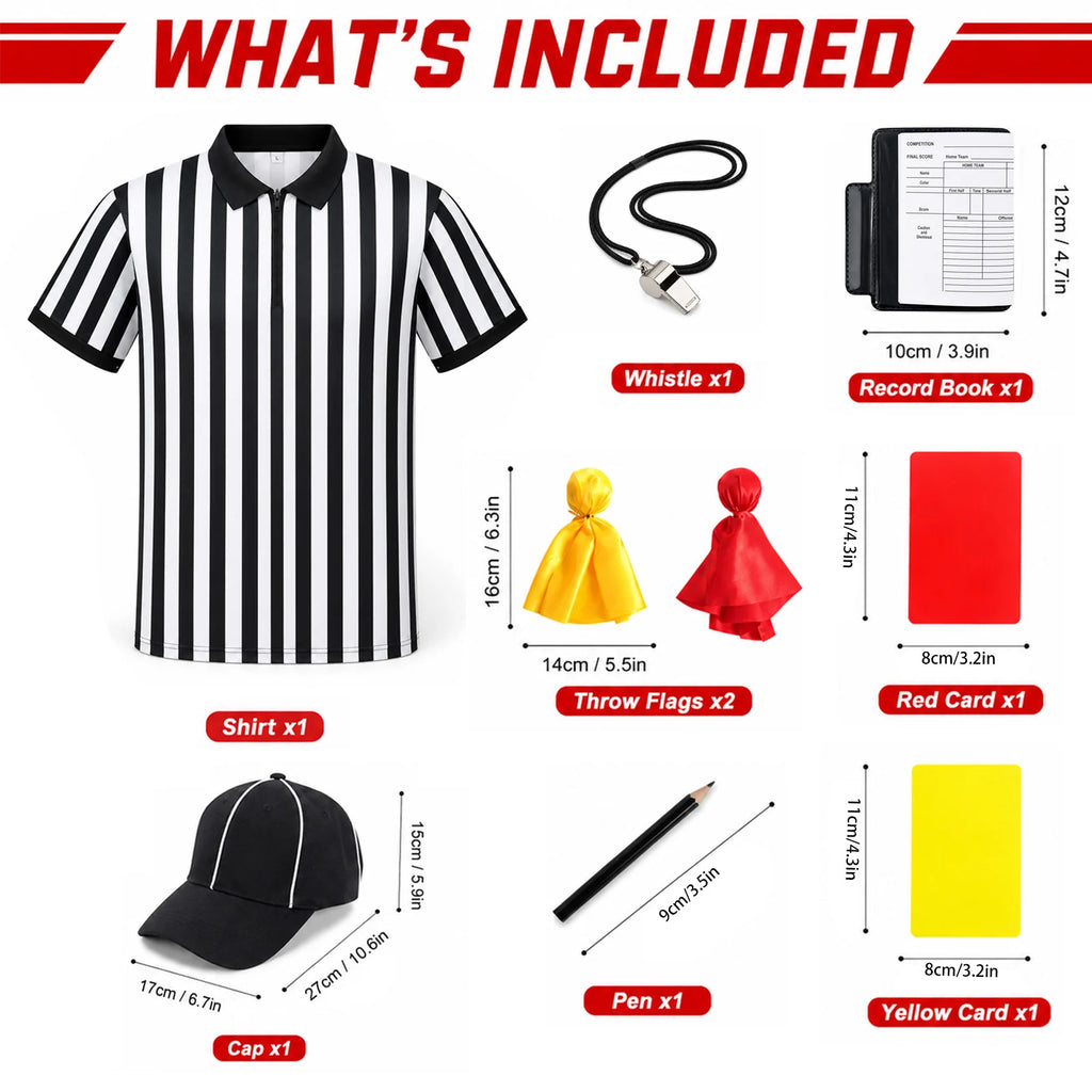 Package graphic identifies the striped shirt cap whistle record book pen and red and yellow flags and cards.