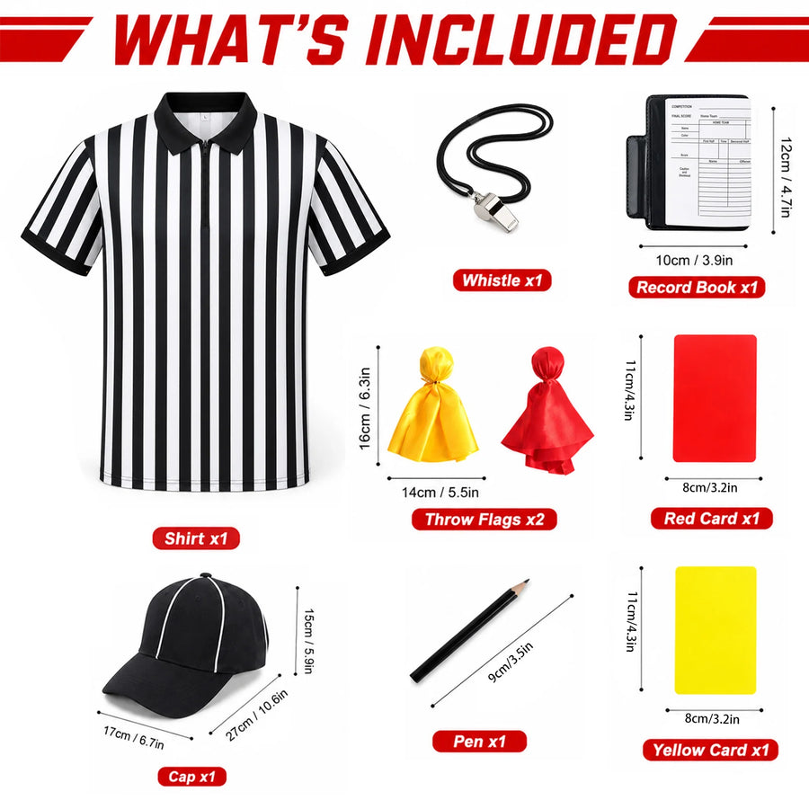 Package graphic identifies the striped shirt cap whistle record book pen and red and yellow flags and cards.