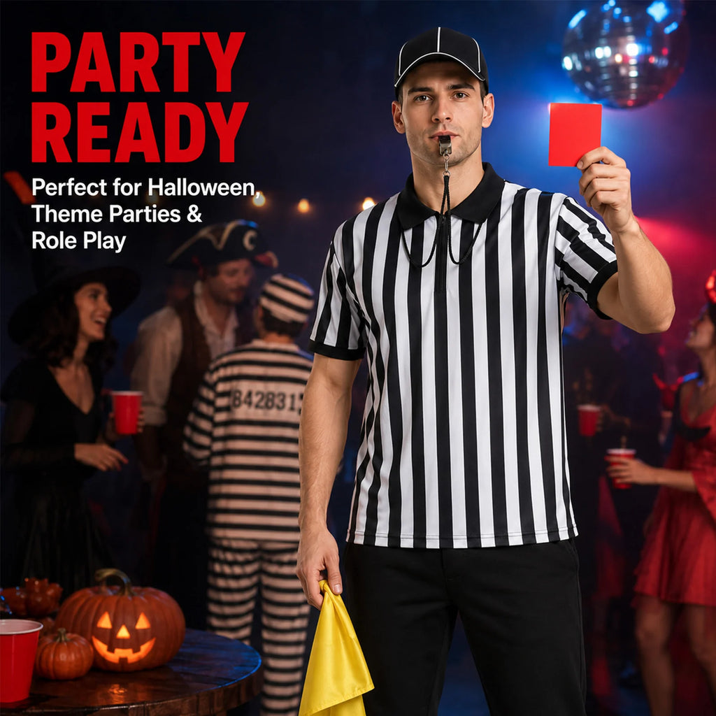 Adult wearing the referee shirt and cap with a whistle card and yellow flag at a party.