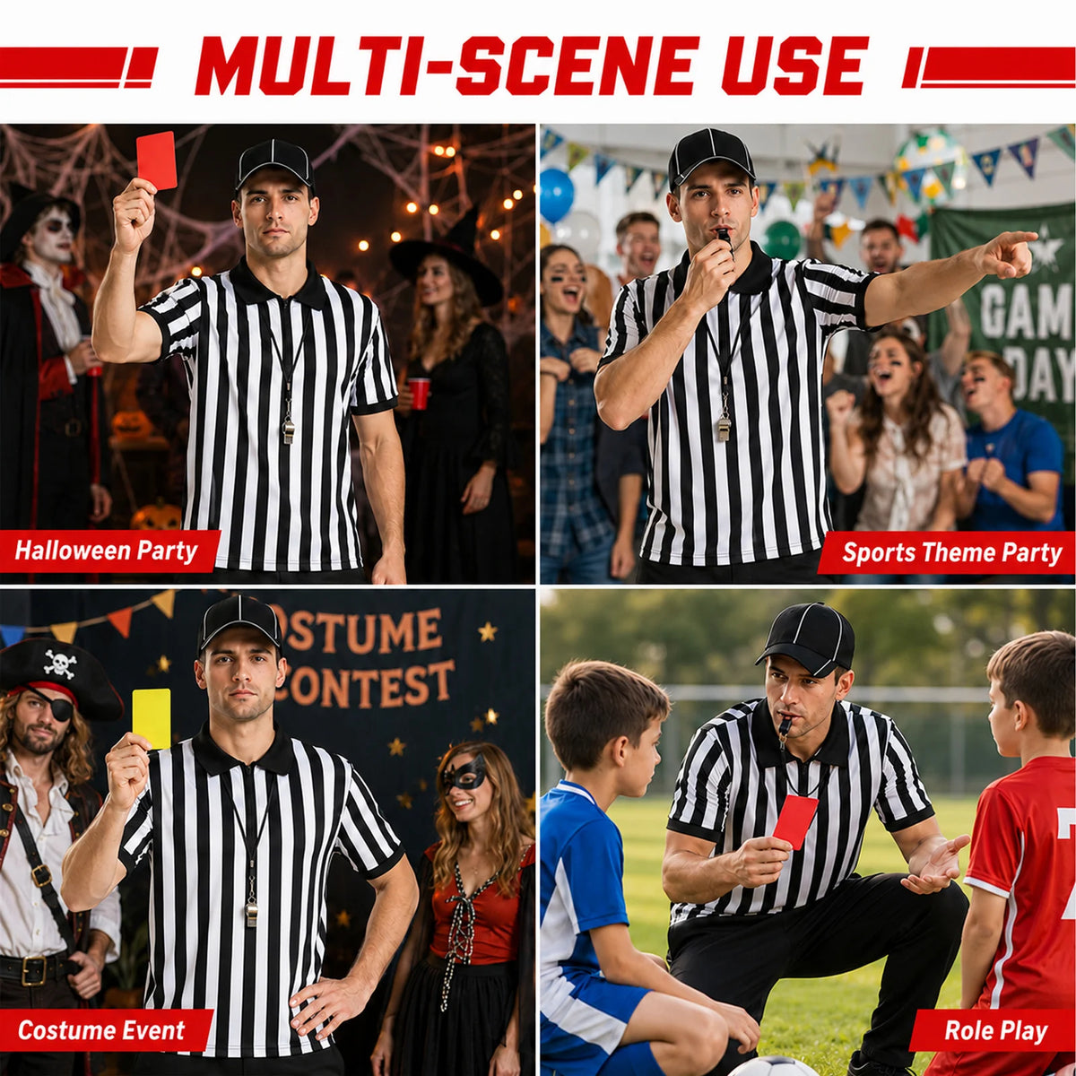 Scenes show the referee shirt costume with flags cards and whistle at parties and sports themed gatherings.