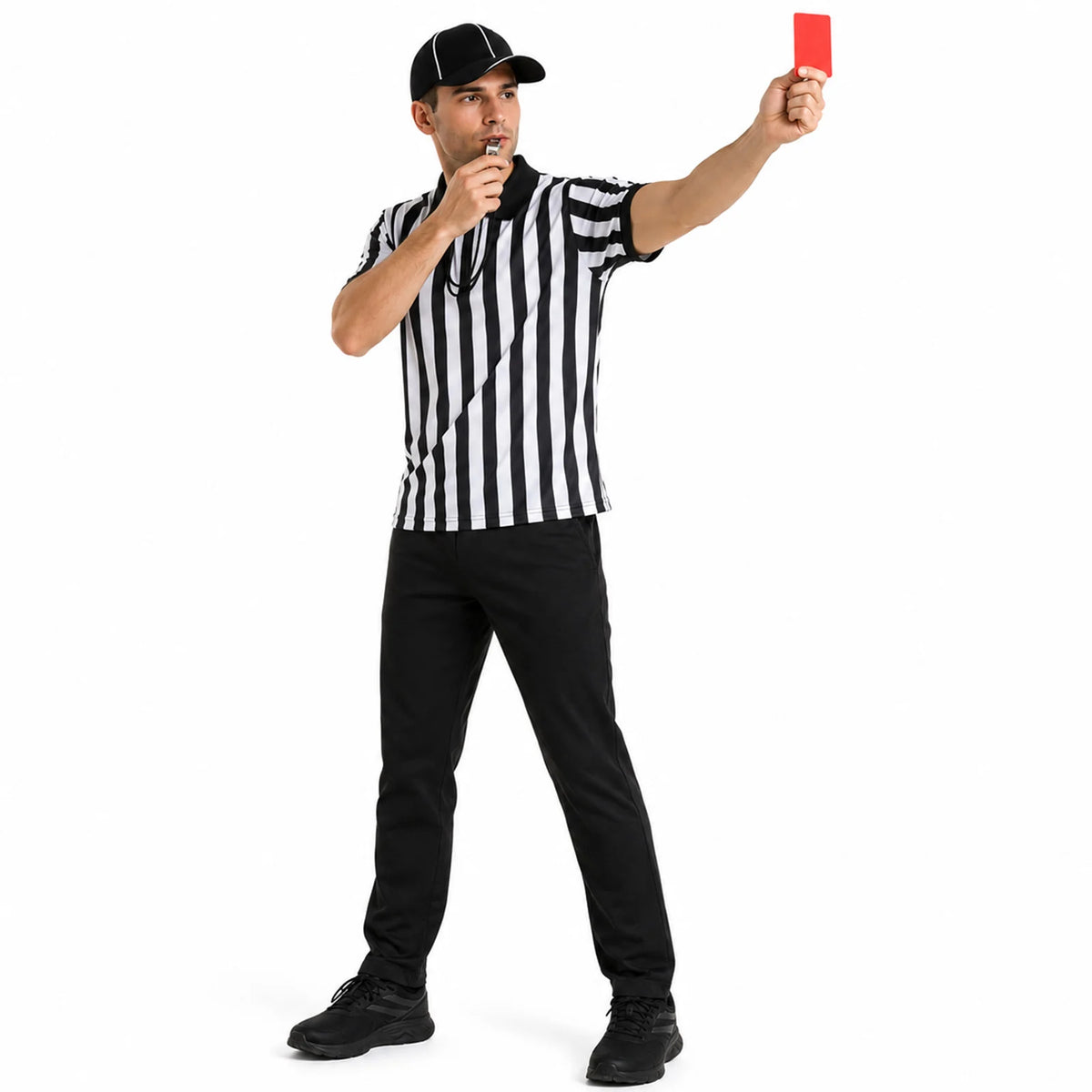 Adult in a striped referee shirt holding a red card while wearing the black cap.