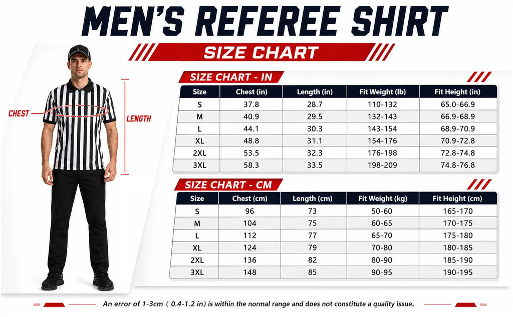 Referee shirt chart lists chest length and recommended wearer weight and height for S through 3XL.
