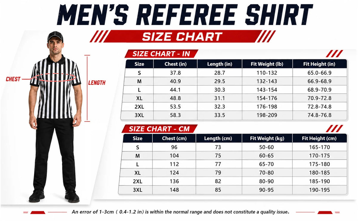 Referee shirt chart lists chest length and recommended wearer weight and height for S through 3XL.