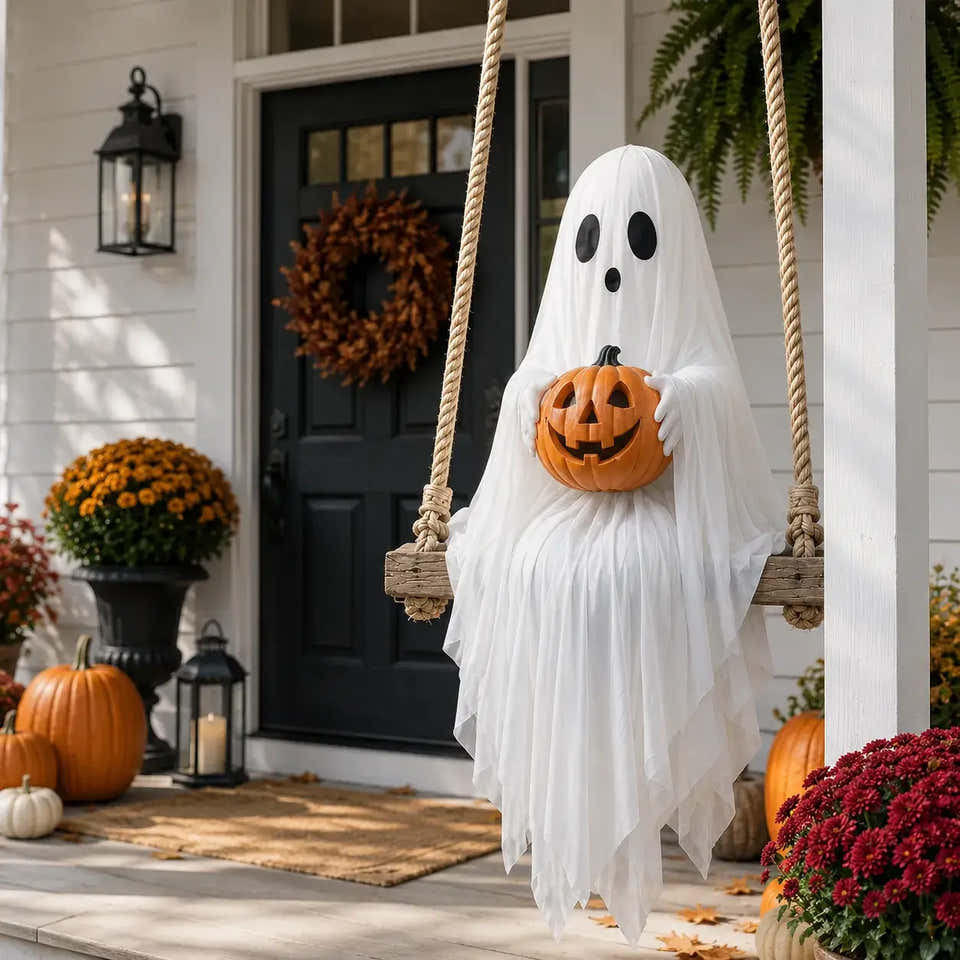 Regular ghost swing hanging on a front porch with pumpkins and fall decor