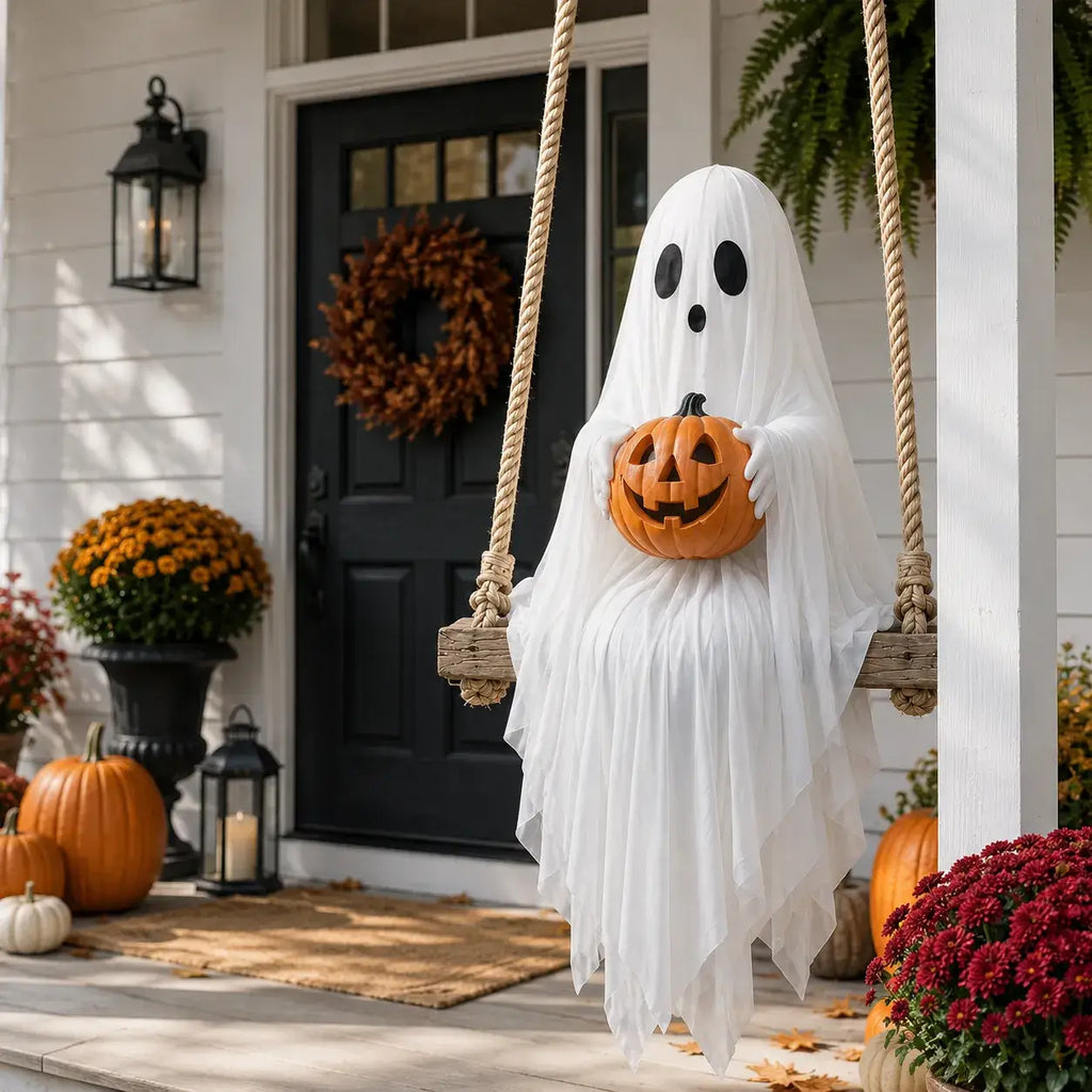 Regular ghost swing hanging on a front porch with pumpkins and fall decor