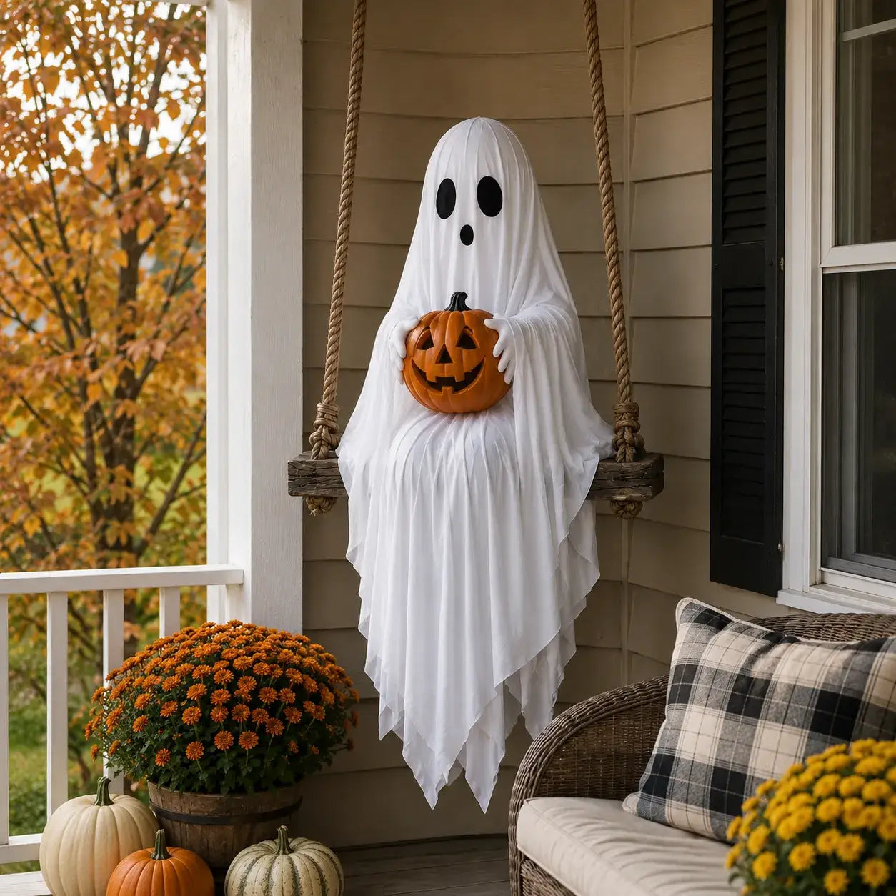 Regular lighted ghost swing with glowing pumpkin on a cozy Halloween porch