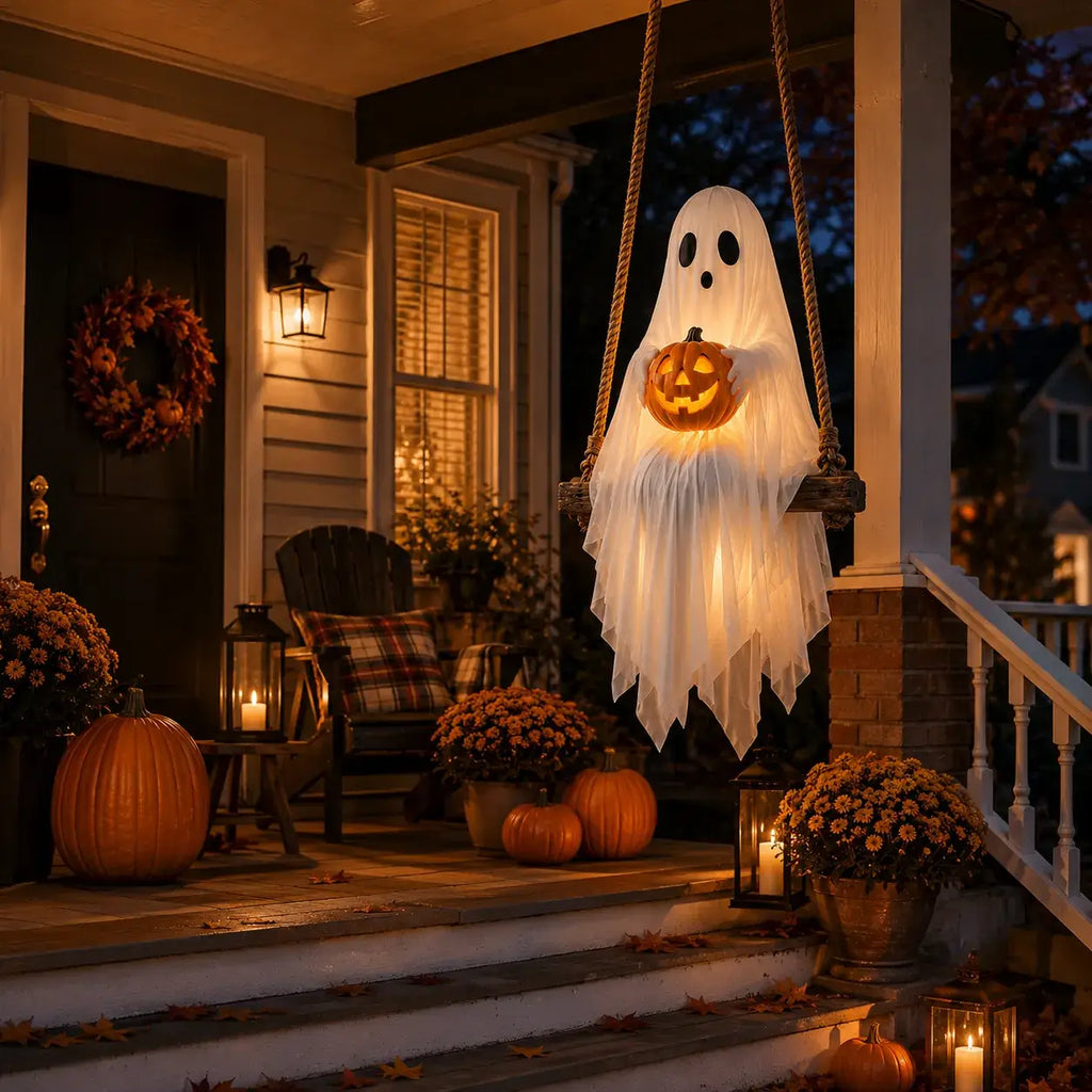 Hanging Halloween ghost decoration with warm pumpkin glow on a night porch