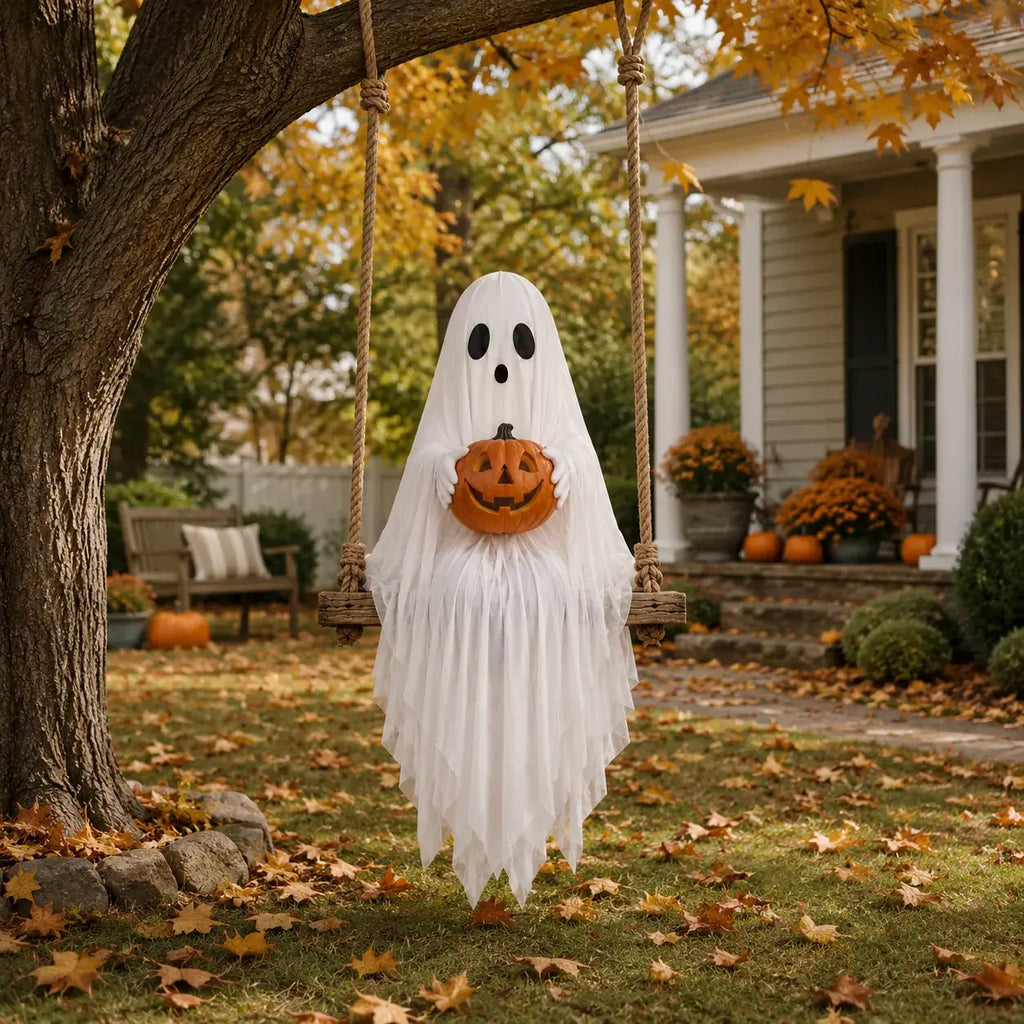 Regular hanging ghost swing with pumpkin for outdoor Halloween yard decoration