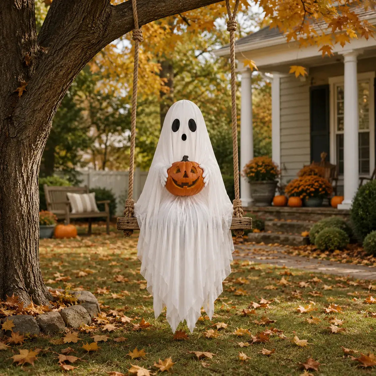 Regular hanging ghost swing with pumpkin for outdoor Halloween yard decoration