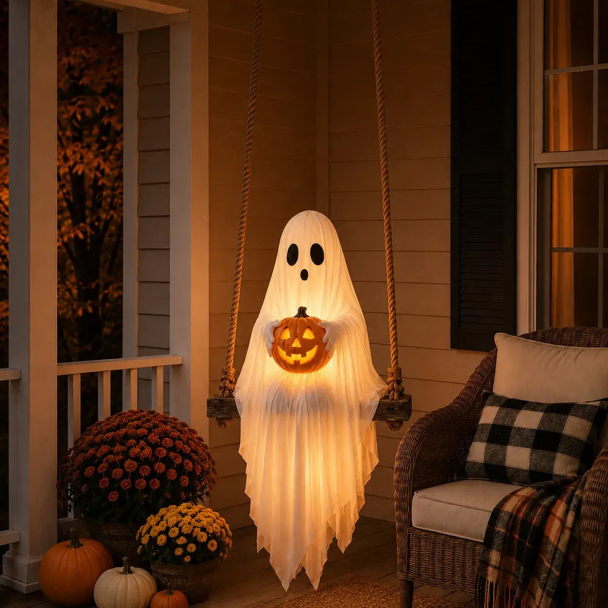 Light up Halloween ghost swing with glowing pumpkin after sunset
