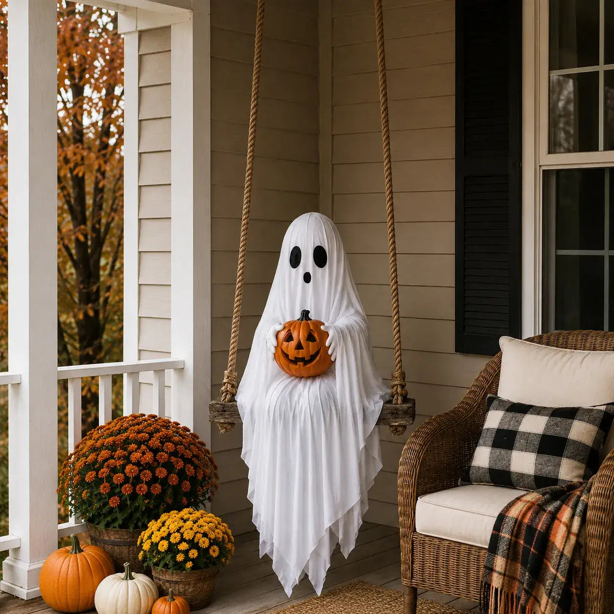 Regular ghost swing holding pumpkin on a fall front porch