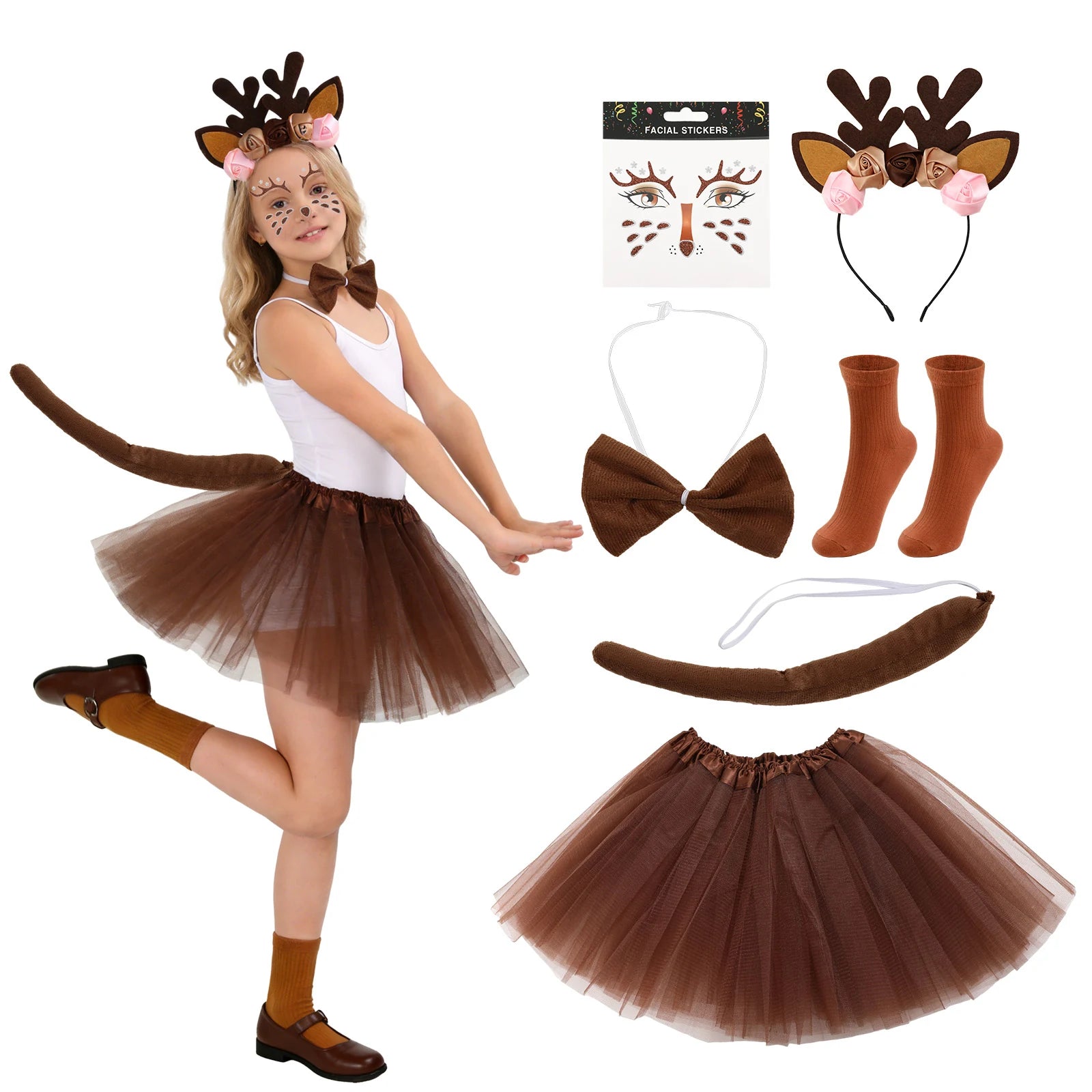 Reindeer girls' animal costume six-piece set with tutu, antler headband, tail, bow tie, socks and face stickers.