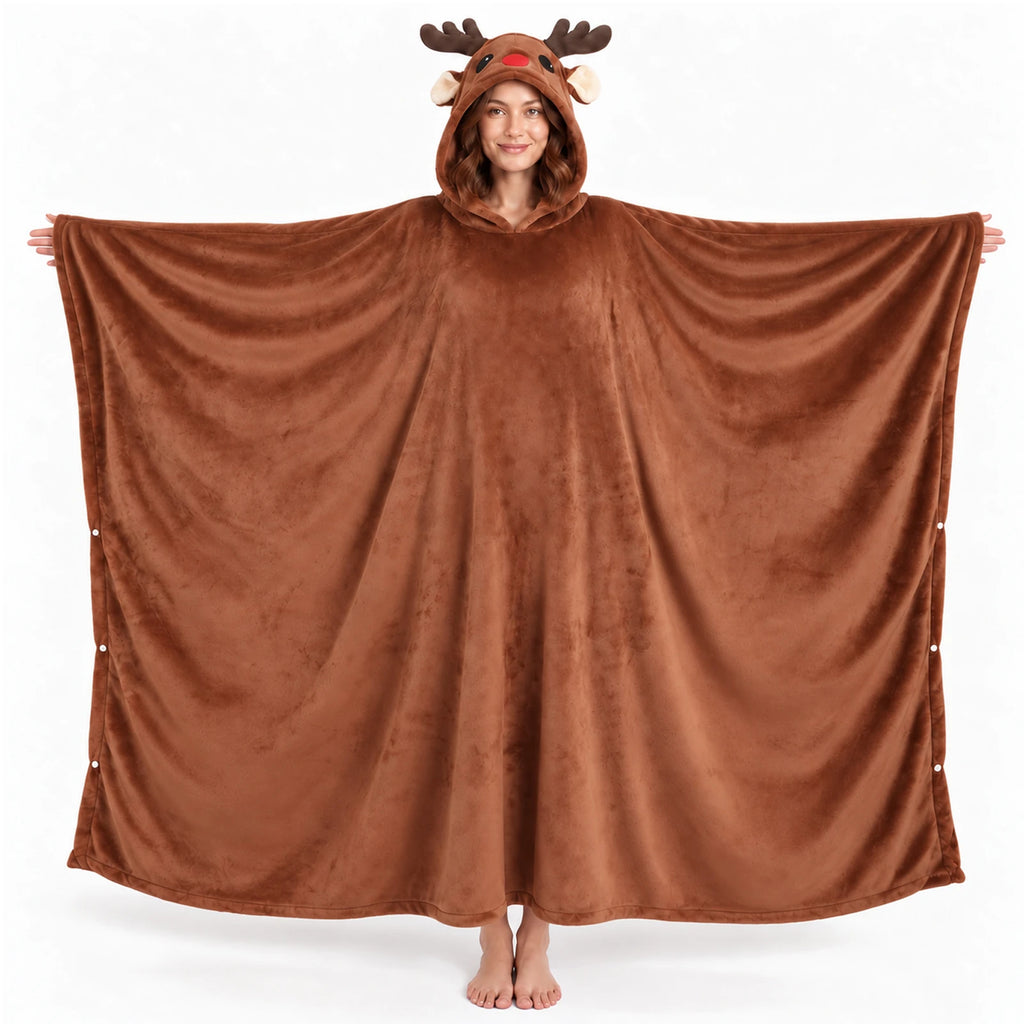 Adult holding both arms out to show the wide brown blanket and side snap closures.