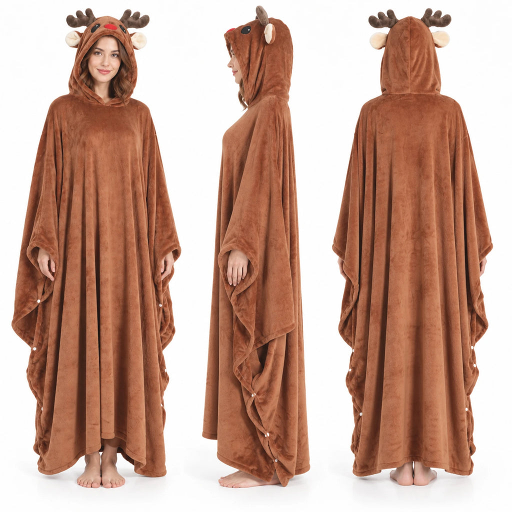 Front, side and back views of an adult wearing the brown reindeer hooded blanket.