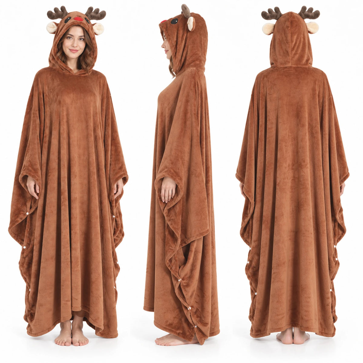 Front, side and back views of an adult wearing the brown reindeer hooded blanket.