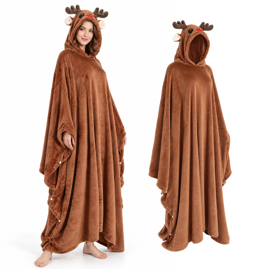 Front views of a brown reindeer hooded blanket, worn by an adult and shown separately.