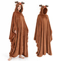 Front views of a brown reindeer hooded blanket, worn by an adult and shown separately.