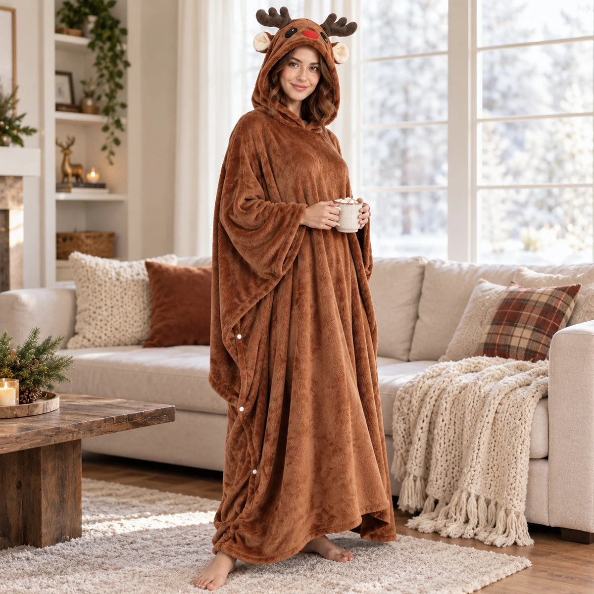 Adult wearing the reindeer hooded blanket while holding a mug beside a sofa.