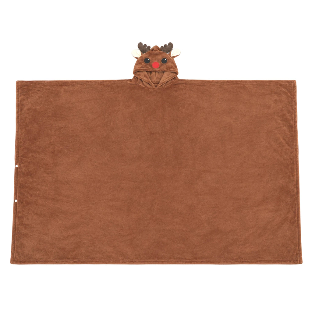 Brown reindeer hooded blanket laid flat with attached antlers, ears and a red nose.