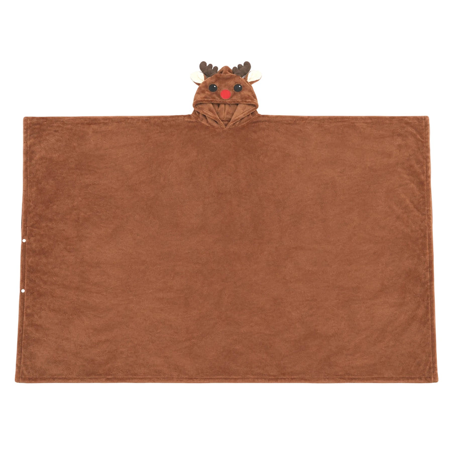 Brown reindeer hooded blanket laid flat with attached antlers, ears and a red nose.