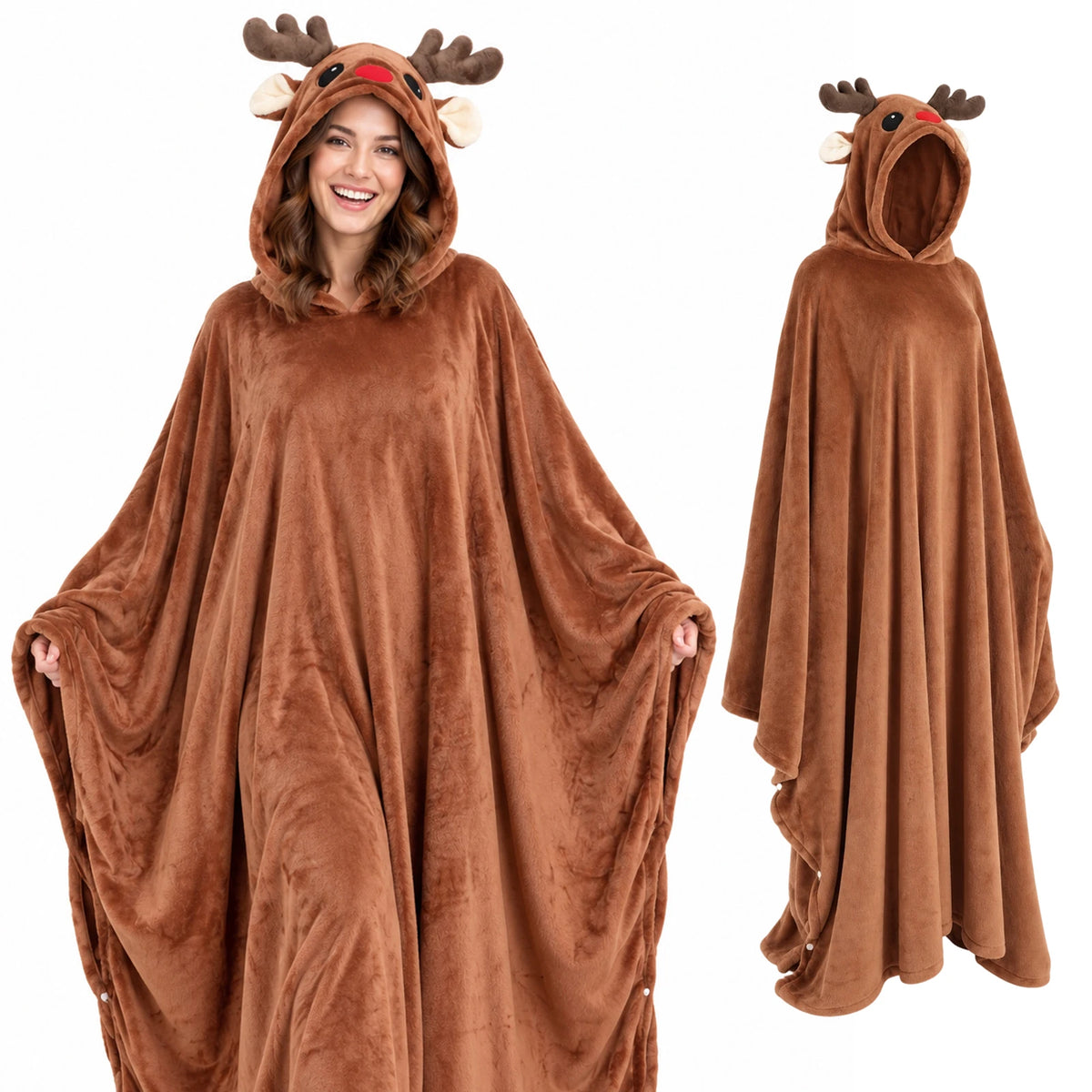 An adult spreads the reindeer blanket beside a separate front view of the hooded garment.