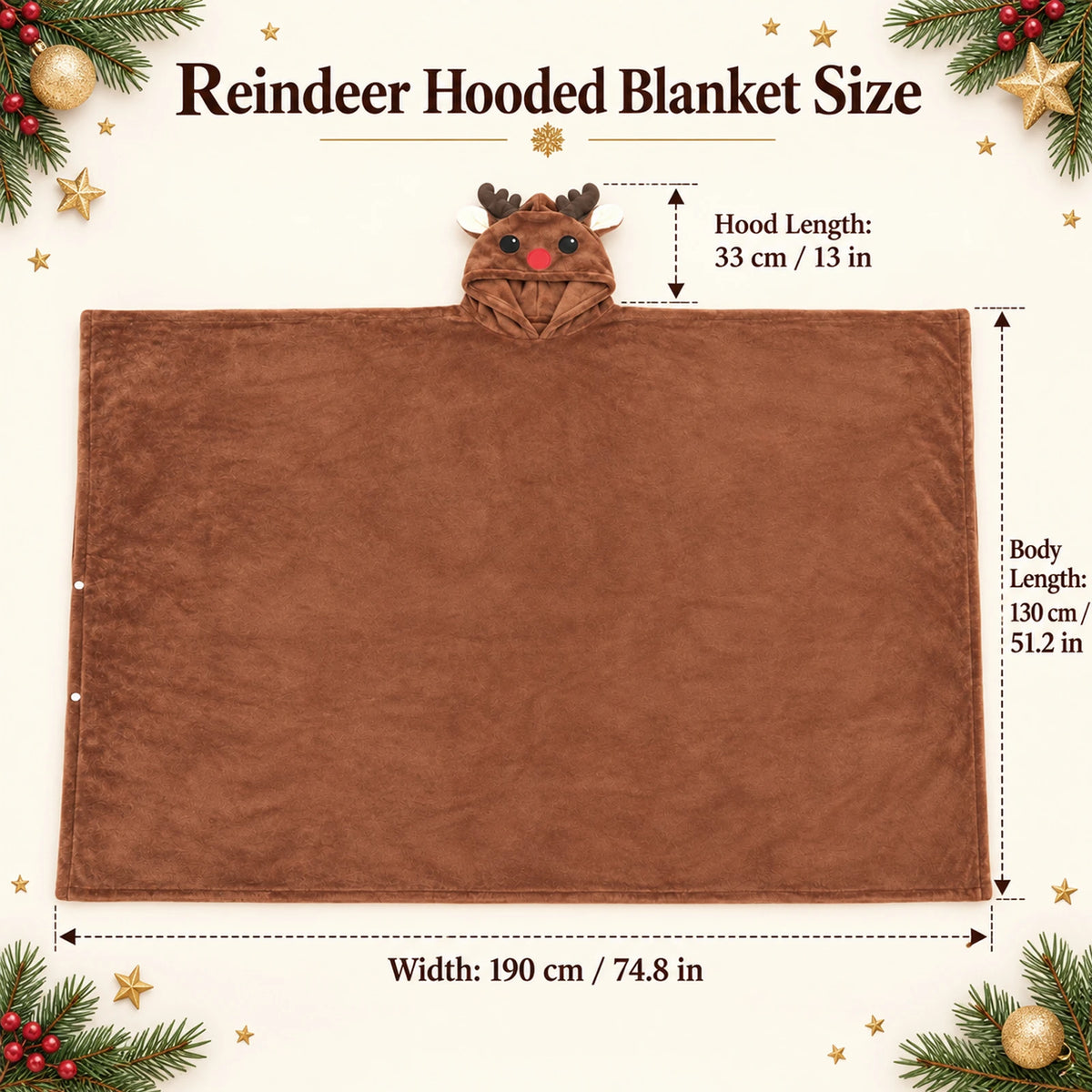 Reindeer blanket size chart showing a 190 by 130 cm body and 33 cm hood, with inch equivalents.