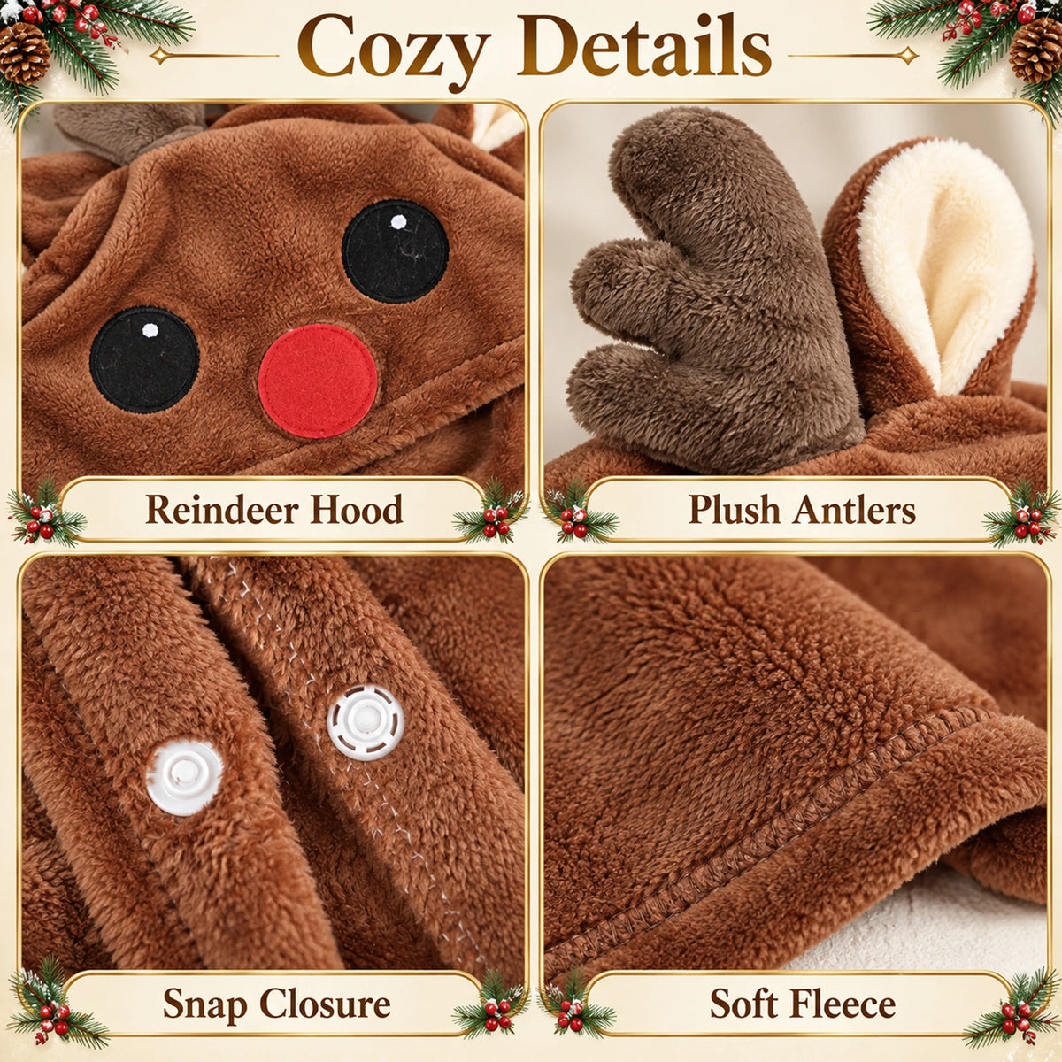 Four close views show the reindeer face, plush antlers, white snap closures and brown fabric texture.