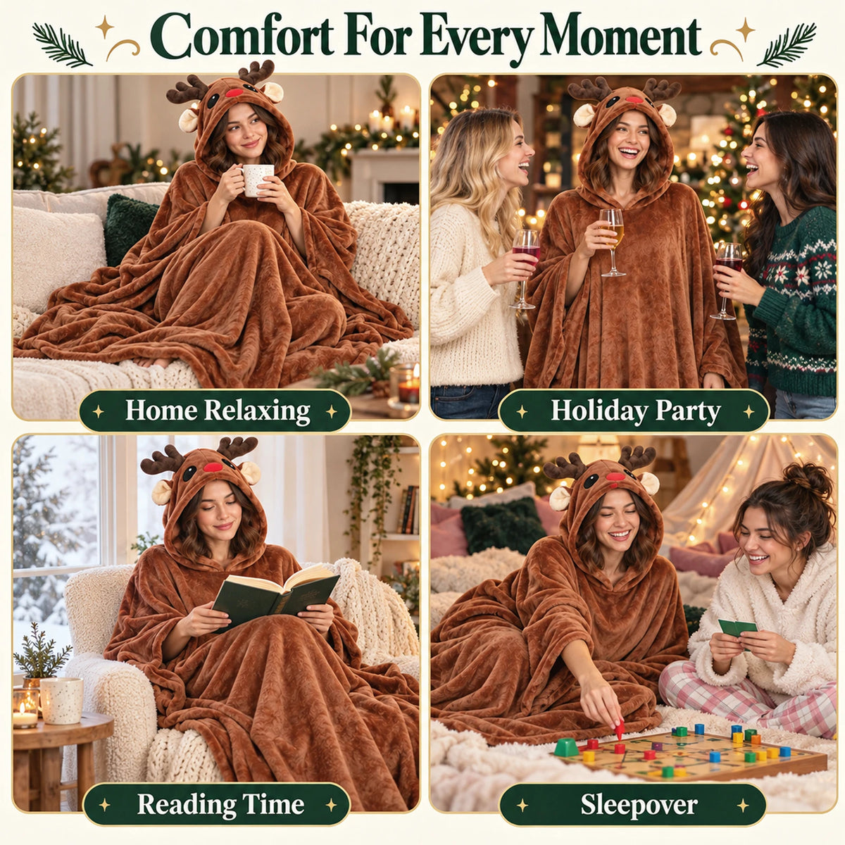 Four scenes show the reindeer blanket during home relaxing, a holiday party, reading and a sleepover.