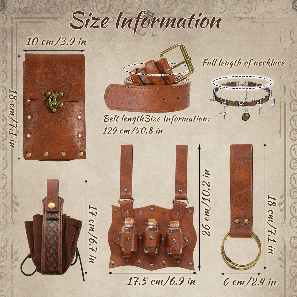 Costume accessory size guide with measurements for a belt, pouches, bottle holder, and ring strap.