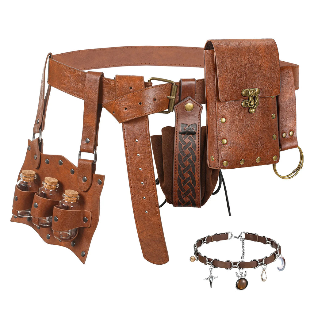 Brown costume belt displayed with pouches, small bottles, a drawstring holder, and a charm necklace.