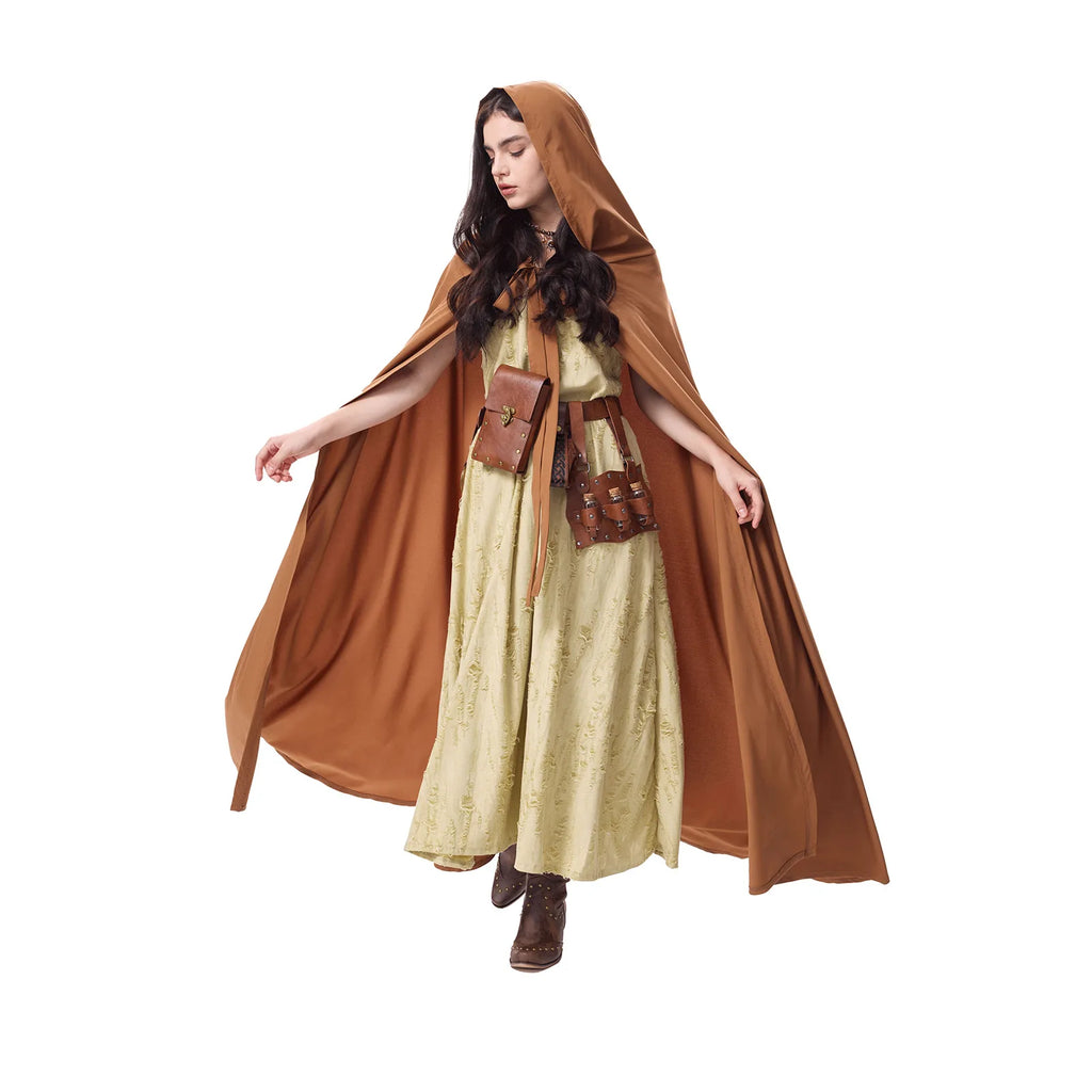 Full-length view of an ivory Renaissance dress styled with an open brown cloak and waist accessories.