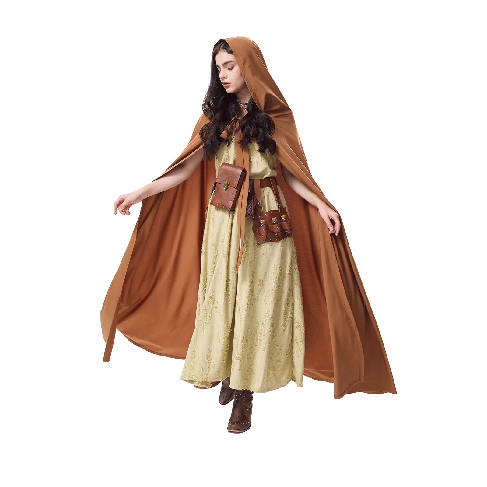 Full-length view of an ivory Renaissance dress styled with an open brown cloak and waist accessories.