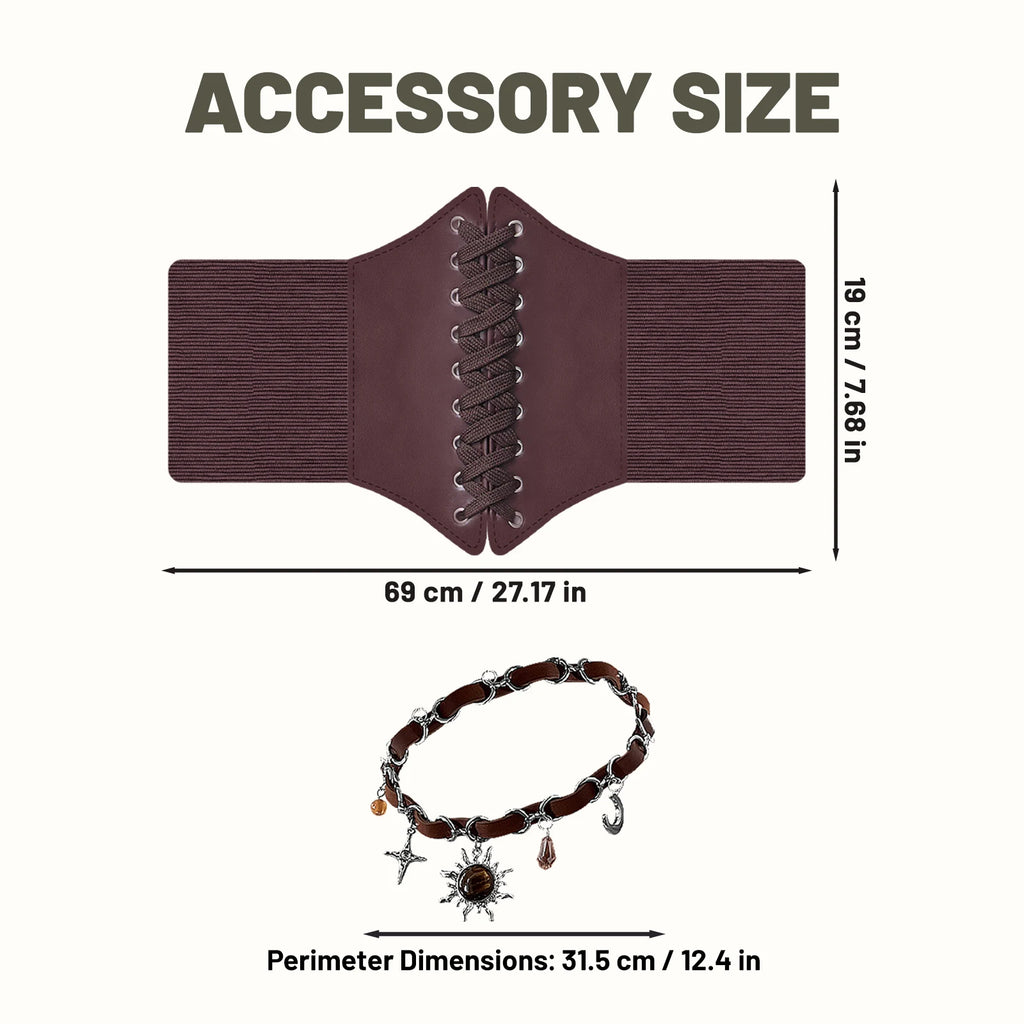 Brown lace-up waist cincher and celestial necklace with accessory measurements
