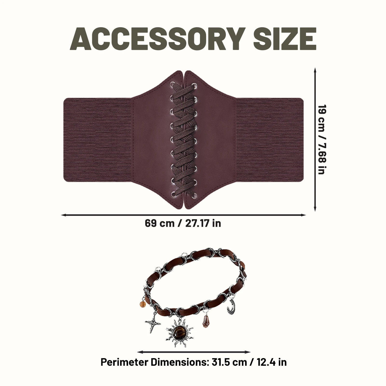 Brown lace-up waist cincher and celestial necklace with accessory measurements
